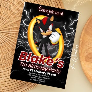 Convite editável de aniversário do SONIC SHADOW, convite para festa do herói ouriço preto, convite digital para festa de aniversário de menino do 1º, 5º e 7º ano do Shadow