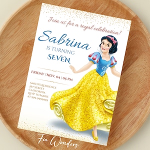Convite de aniversário editável BRANCA DE NEVE, festa de aniversário de princesa, decoração de cartão de festa de princesa, festa de princesa amarela, tema de aniversariante