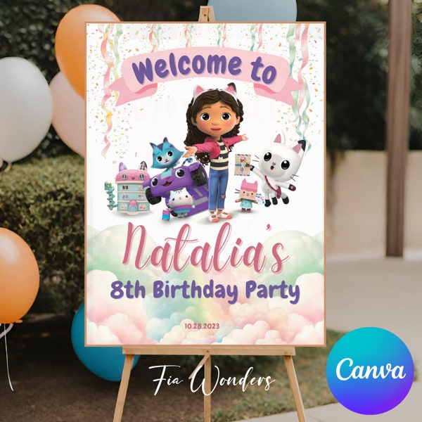 Editable GABBY'S DOLLHOUSE Birthday Welcome Sign, Printable Gabbys Dollhouse Party Signage, Printable Welcome sign, Dollhouse party Decor