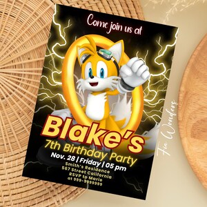 Convite editável de aniversário do SONIC TAILS, convite para festa do herói ouriço amarelo, convite digital para festa de aniversário de menino do 1º, 5º e 7º ano do Tails