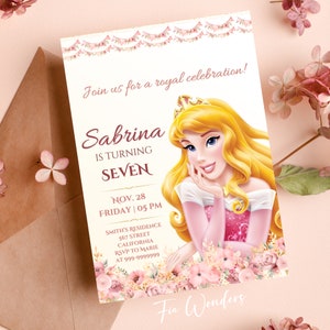 Bearbeitbare AURORA Geburtstagseinladung Aurora Partyeinladung Rosa Prinzessin Party Geburtstagskind Party einladen, druckbare Prinzessin Karte