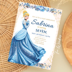 Convite editável de aniversário da CINDERELA Convite para festa da Cinderela Festa da Princesa Azul Convite para festa de aniversário de menina, Cartão da Princesa Azul