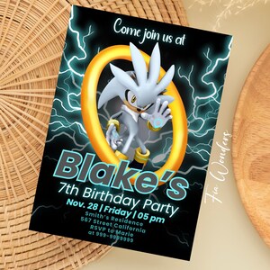 Invito modificabile per il COMPLEANNO SONIC SILVER, invito per la festa di Silver the Hedgehog Hero, invito digitale Canva per la festa di compleanno di Silver per ragazzi, 1°, 5° e 7° compleanno.