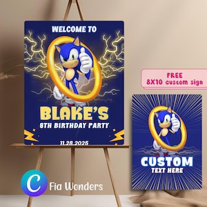 Letrero de bienvenida editable de SONIC BIRTHDAY, letrero personalizado para fiesta de héroe erizo azul, decoración para fiesta de cumpleaños de niño erizo, letreros para fiesta de Sonic