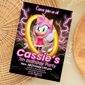 Faire-part d'anniversaire modifiable SONIC AMY ROSE, hérisson rose, faire-part d'anniversaire AmyRose imprimable, carte de fille de 5e et 7e anniversaire
