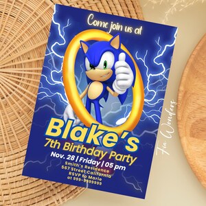 Convite de aniversário do Sonic editável, convite para festa do herói ouriço azul, 1º, 5º e 7º aniversário do Sonic, modelo incrível para festa do Sonic no Canva