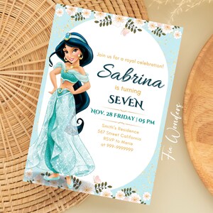 Bearbeitbare Jasmin-Geburtstags-Einladung Prinzessin Jasmin Party-Einladung Zauberteppich-Party-Geburtstagskind einladen Druckbare grüne Prinzessin Karte