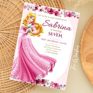 Bearbeitbare AURORA-Geburtstagseinladung Aurora-Party-Einladung Rosa Prinzessin Party Geburtstags-Mädchen-Party einladen, druckbare rosa Prinzessin Karte