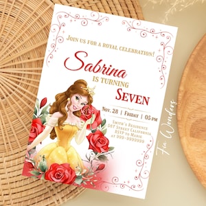Invito di compleanno modificabile PRINCIPESSA BELLE, invito per festa di Belle, biglietto di compleanno La bella e la bestia, invito floreale per festa di principessa gialla