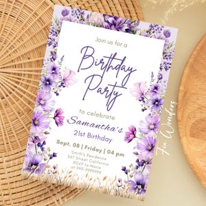Bearbeitbare PURPLE BLUME GEBURTSTAG Einladung, Purple Wildflower Party einladen, Muttertag, Debüt 21. Geburtstag Digital druckbare Einladung