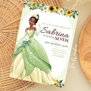 Convite de aniversário editável TIANA, convite para festa Tiana para impressão, convite de aniversário da princesa sapo, festa da princesa verde, cartão floral verde