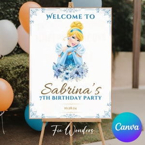 Cartello di benvenuto modificabile CINDERELLA Cartello per festa di Cenerentola Cartello per festa di compleanno della principessa blu Cartello per festa di compleanno della ragazza Invito per festa, biglietto stampabile della principessa
