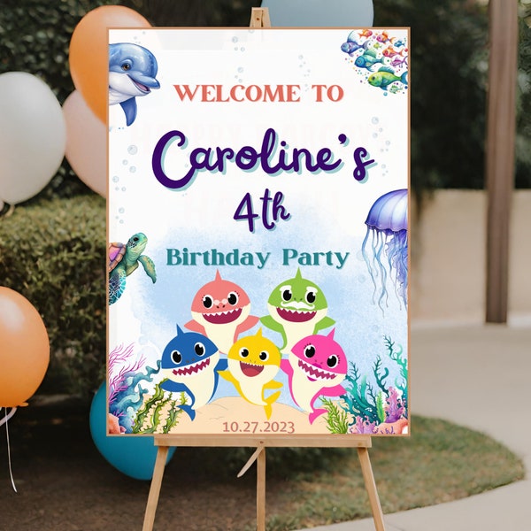 Signo de bienvenida de cumpleaños de BABY SHARK, señalización de fiesta de tiburón bebé imprimible, signo de bienvenida editable, signo de fiesta bajo el mar, decoración de banner de fiesta