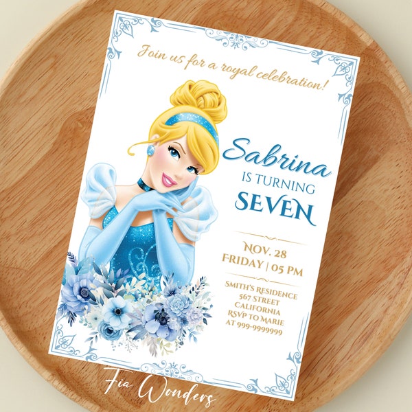 Editable CINDERELLA  Birthday Invitation Cinderella Party Invitation Blue Princess Party Birthday Girl Party invite, Printable Princess Card