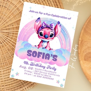 Faire-part d'anniversaire modifiable FILLE STITCH, invitation de fête imprimable point rose, modèle de carte de carte toile d'invitation de fête d'enfants colorés au point pastel