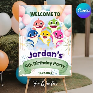 Buntes Baby Hai Geburtstag Willkommensschild, druckbare Baby Hai Party Beschilderung, bearbeitbares Willkommensschild, unter dem Meer Partyschild, Party Banner