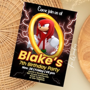 Convite editável de aniversário do SONIC KNUCKLES, convite para festa do herói ouriço vermelho, convite digital para festa de aniversário de menino do 1º, 5º e 7º ano do Knuckles