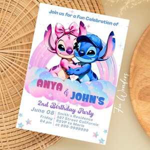 Modèle de carte numérique modifiable TWIN STITCH, invitation d'anniversaire imprimable fille garçon, jumeaux frères et sœurs, thème chien extraterrestre