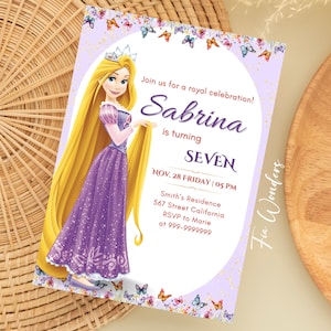 Bewerkbare Rapunzel-verjaardagsuitnodiging Rapunzel-feestuitnodiging paarse prinsessenfeest verwarde verjaardag meisje uitnodigen, afdrukbare prinses kaart
