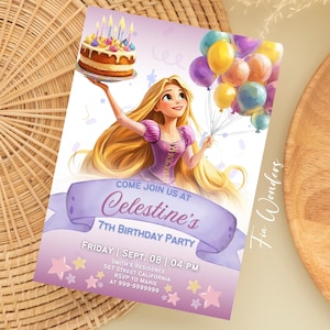 Bearbeitbare Rapunzel Geburtstagseinladung Rapunzel Party Einladung Lila Prinzessin Party Verspieltes Geburtstagskind einladen, druckbare Prinzessin Karte