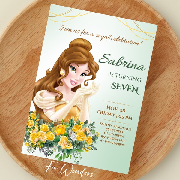 Editable PRINCESS BELLE Birthday Invitation, Belle Party Invite, Beauty and beast Birthday Card Princess Party Yellow Princess Floral Invite