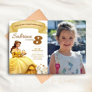 Invito di compleanno modificabile PRINCIPESSA BELLE con immagine, invito per festa Picture Belle, biglietto floreale di compleanno della principessa gialla La bella e la bestia