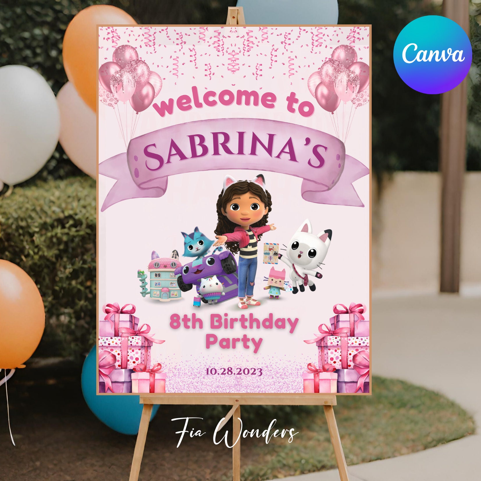 Editable Pink GABBY'S DOLLHOUSE Birthday Welcome Sign, Printable Gabbys Dollhouse Party Signage, Printable Pink Welcome sign Dollhouse party