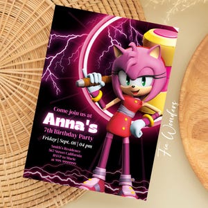 Convite de aniversário editável AMY ROSE, convite para festa ouriço rosa, convite de aniversário AmyRose para impressão, cartão temático para meninas de 5 a 7 anos
