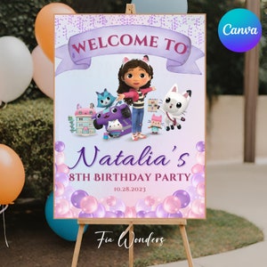 Editable Purple GABBY'S DOLLHOUSE Birthday Welcome Sign, Printable Gabbys Dollhouse Party Signage, Printable Welcome sign, Dollhouse party