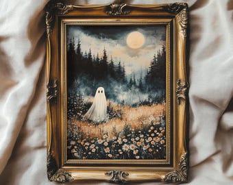 May include: A framed painting of a white ghost standing in a field of flowers under a full moon. The forest is in the background and the sky is dark blue.