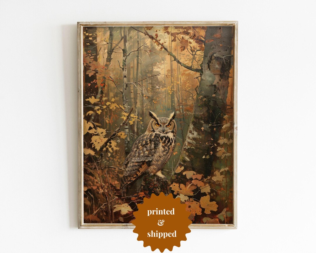 Owl in Autumn Forest Painting Vintage Style Wall Art | Warm Cottage ...