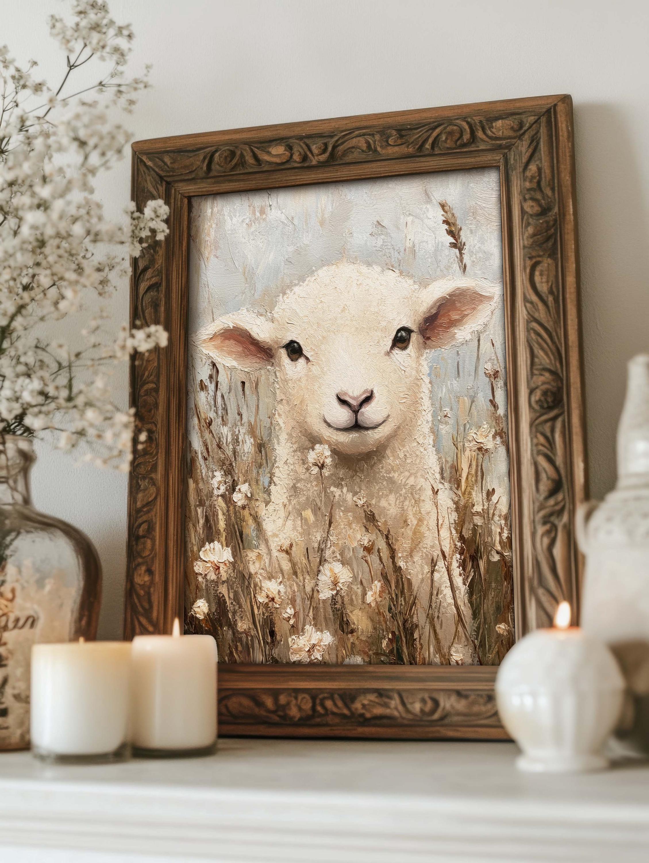 Lamb on Flower Meadow Beige Cream Wall Art Print | Vintage Cottage ...