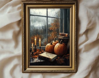 Pumpkins Books and Candles Cozy Cottagecore Vintage Style Painting | Autumn Day Dark Academia Fall Decor | PRINTABLE | No. 095