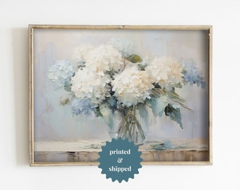 Hydrangea Flowers in Glass Vase Vintage Style Painting | Still Life Cottage Decor | PRINTED AND SHIPPED | No. B030