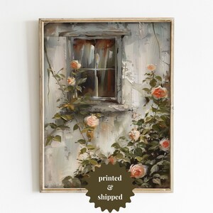 May include: A painting of a window with a view of a garden with pink roses. The window is framed in white and the wall is painted in a light gray color. The roses are in bloom and the leaves are green.