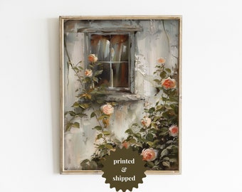 Old Cottage Window with Roses Vintage Style Painting | Cottage Spring Decor | PRINTED AND SHIPPED | No. B038