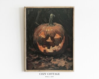 Jack-o-lantern Imprimir Pintura de estilo vintage / Moody Pumpkin Halloween Art / Cottage Fall Decor IMPRIMIBLE / No. 068