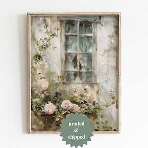 May include: A vintage-style painting of a window with a view of a garden. The window is framed in wood and has a white pane. The garden is filled with pink roses and green leaves. The painting is done in a soft, romantic style.