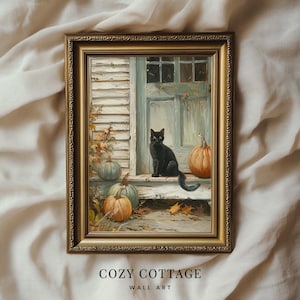 ポーチの黒猫のプリント ビンテージ スタイルの絵画 | 黒猫のカボチャのハロウィーン アート | コテージの秋の装飾 印刷可能 | No. 067