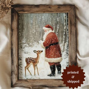 Santa Claus Deer Print Christmas Wall Art | Cozy Cottage Holiday Decor | PRINTED AND SHIPPED | No. B127