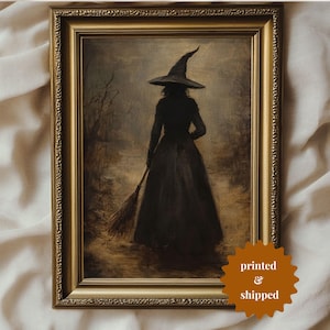 Witch in Autumn Halloween Moody Vintage Style Painting | Cottage Halloween Decor | PRINTED AND SHIPPED | No. B083