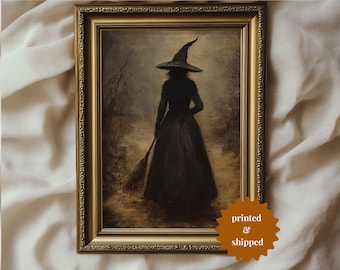 Witch in Autumn Halloween Moody Vintage Style Painting | Cottage Halloween Decor | PRINTED AND SHIPPED | No. B083