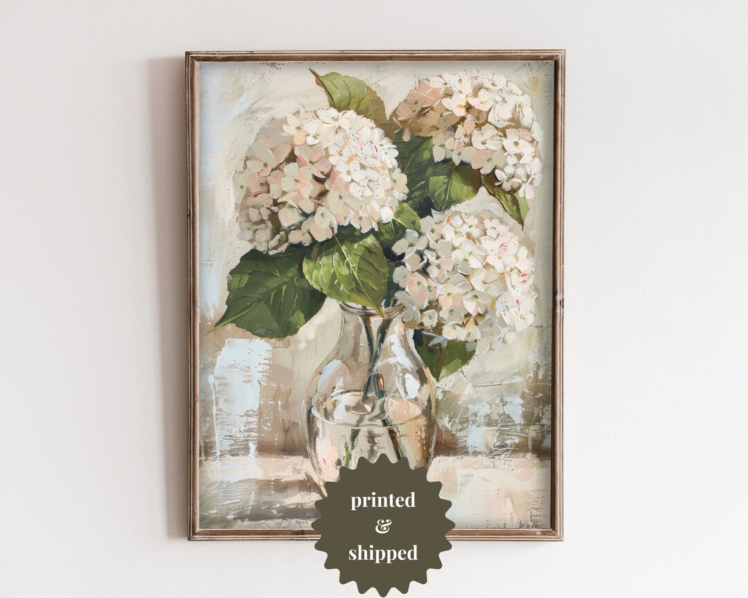 White Hydrangea Flowers in Glass Vase Vintage Style Painting | Still ...