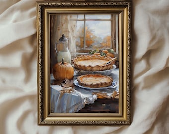 Pumpkin Pie Print Vintage Style Painting | Still Life Fall Art | Cottage Fall Decor PRINTABLE | No. 069