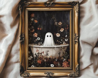 May include: A framed painting of a white ghost with two black eyes sitting in a white bathtub surrounded by flowers. The frame is gold and ornate.