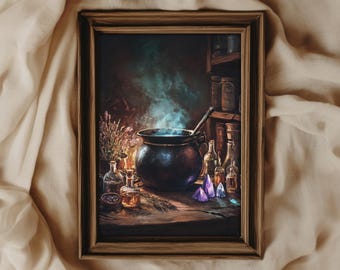 Die Hexenhöhle Vintage Style Gemälde | Witchy Cottagecore Halloween Dekor | DRUCKBAR | Nr. 109