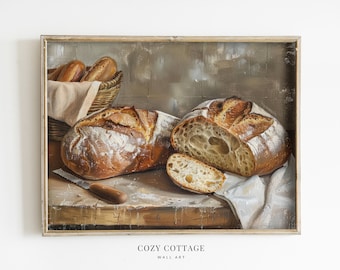 May include: A still life painting of two loaves of bread, one sliced open, on a wooden table with a white cloth. There is a basket of bread rolls in the background.