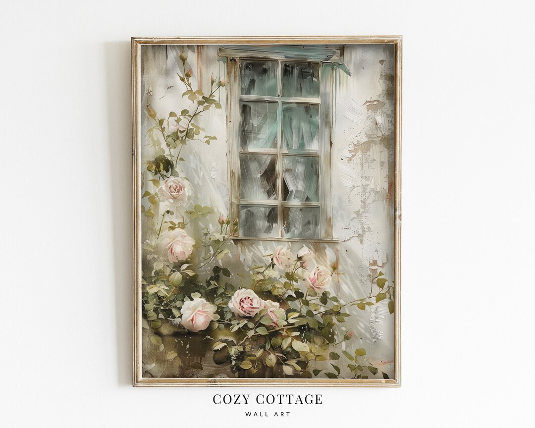 Rose Cottage Window Vintage Style Painting | Cottage Spring Decor ...