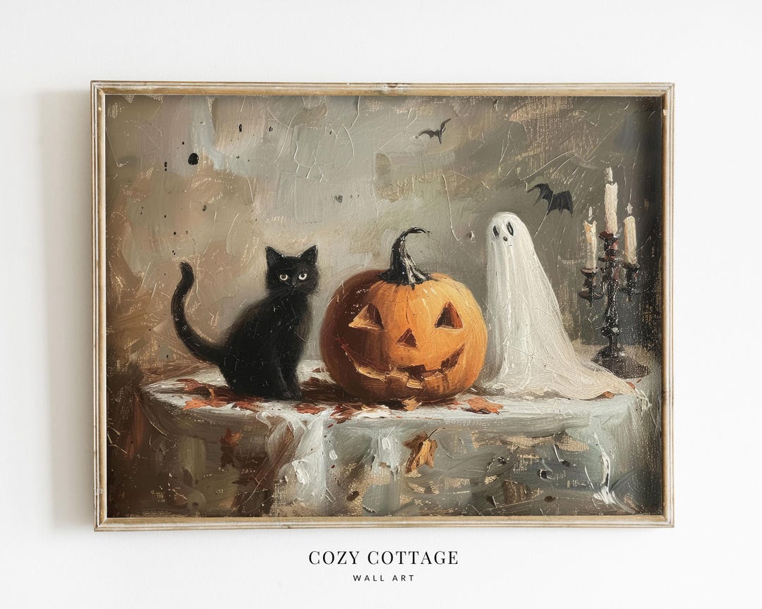 Black Cat Pumpkin Ghost Vintage Style Wall Art Abstract Painting | Cute ...
