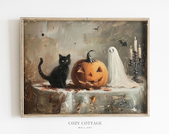 Gatto Nero Zucca Fantasma Stile Vintage Wall Art Pittura Astratta / Carino Spooky Cottage Halloween Decor / STAMPABILE / N. 080